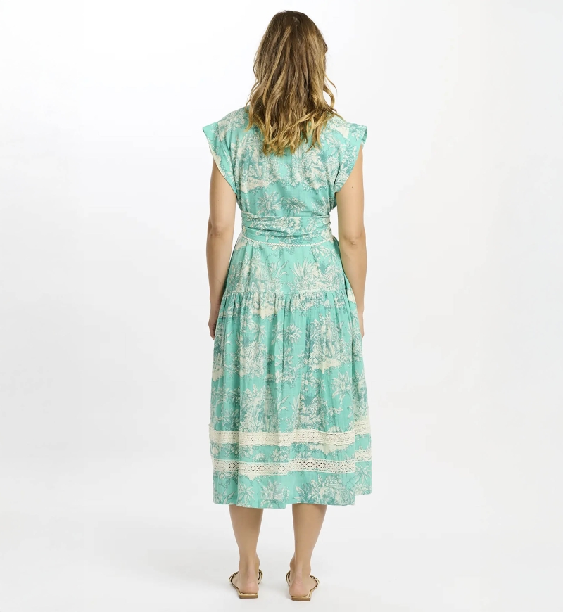 Vestido Avani largo – Vestido midi color aqua con forro y cinturón, 100 % algodón flameado estampado – Miss June Paris - 5