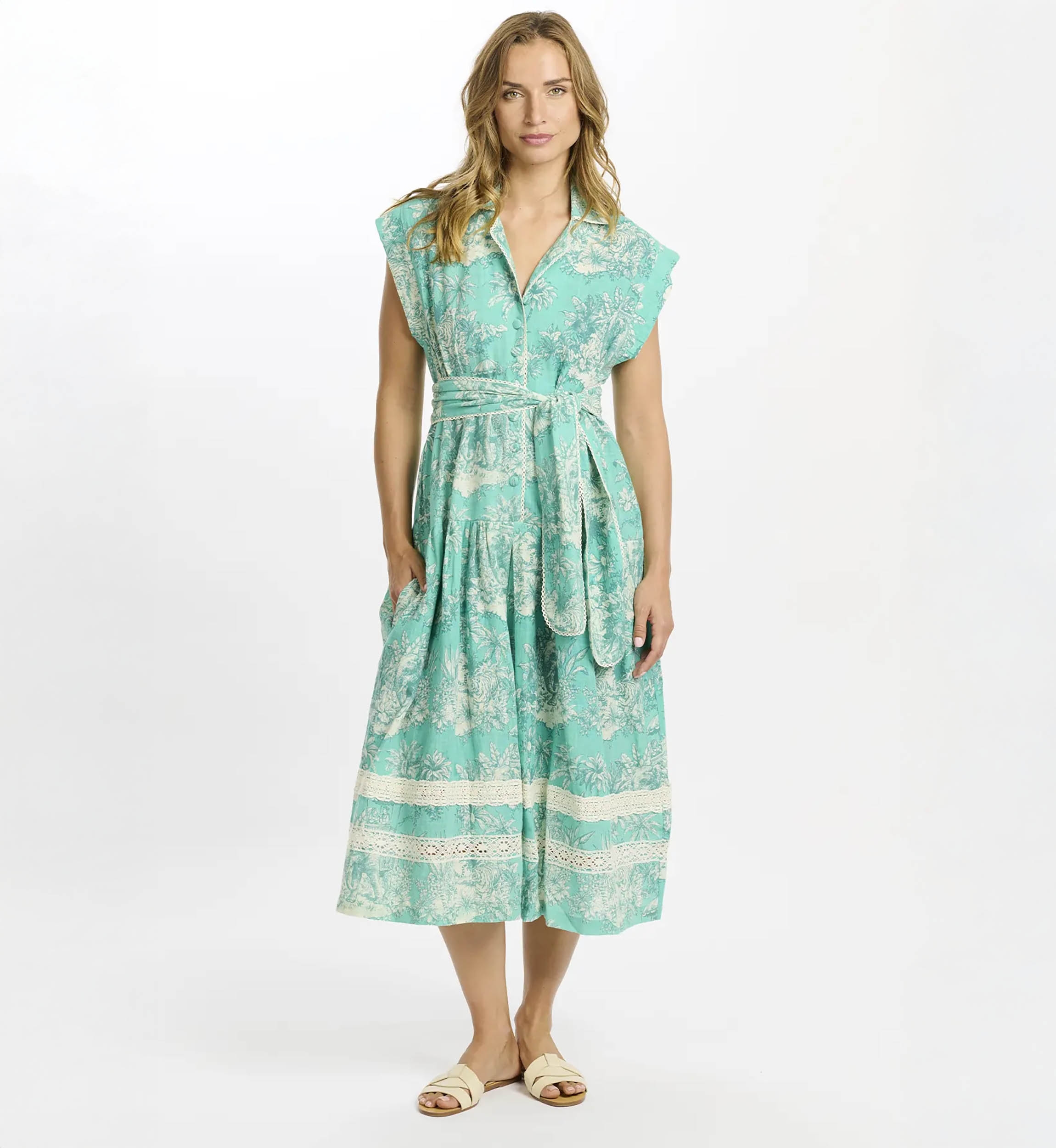 Avani Long Dress – Robe mi-longue aqua avec doublure et ceinture, 100% en coton flammé imprimé - Miss June Paris  - 2