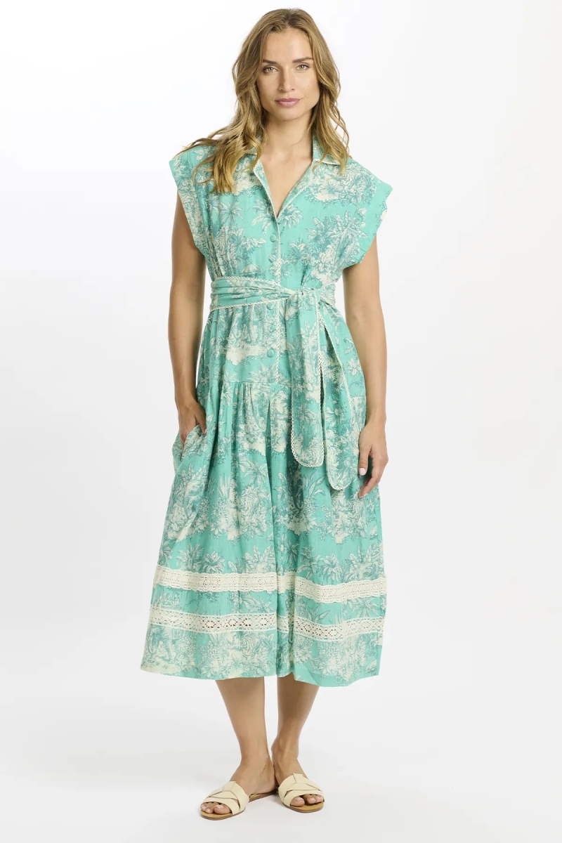Avani long dress – Mid-length aqua dress with lining and belt, 100% printed slub cotton – Miss June Paris - 2