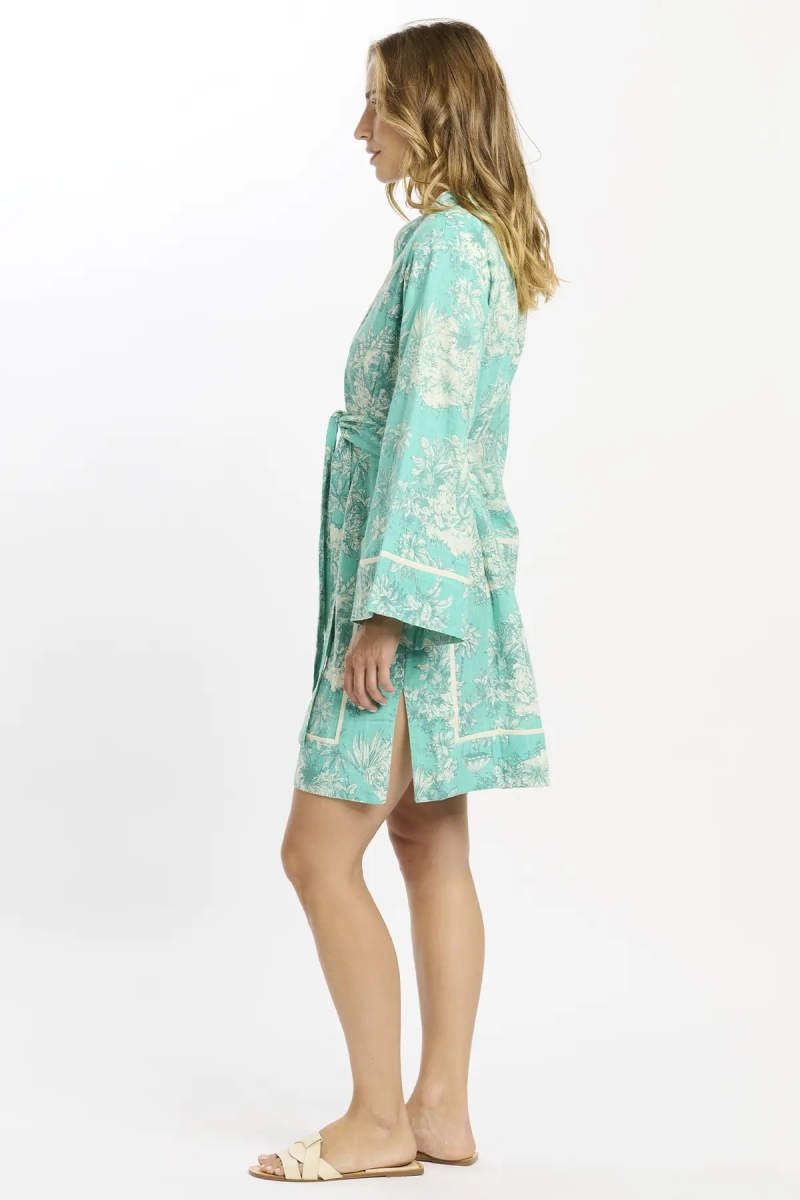 Callista Short Dress - Robe courte Aqua manches longues avec ceinture , 100% coton slub imprimé - Miss June Paris - 4