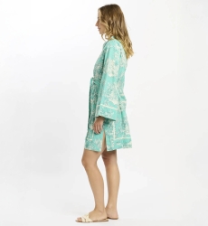 Callista Short Dress - Robe courte Aqua manches longues avec ceinture , 100% coton slub imprimé - Miss June Paris - 4