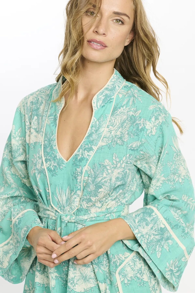 Callista Short Dress - Robe courte Aqua manches longues avec ceinture , 100% coton slub imprimé - Miss June Paris - 3