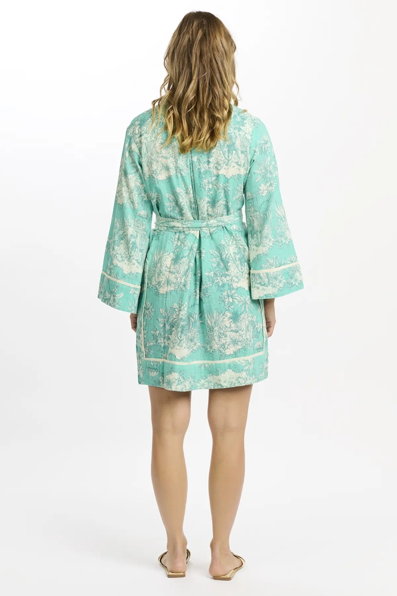 Callista short dress – Short aqua dress with long sleeves and belt, 100% printed slub cotton – Miss June Paris - 5