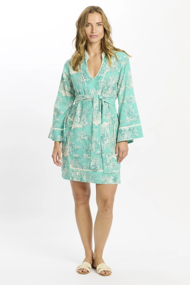 Vestido corto Callista – Vestido corto aqua con mangas largas y cinturón, 100 % algodón flameado estampado – Miss June Paris - 2