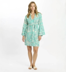 Callista Short Dress - Robe courte Aqua manches longues avec ceinture , 100% coton slub imprimé - Miss June Paris - 2
