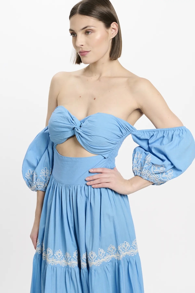 Dress Oxane Long Short-sleeved Dress, 100% cotton with embroidery -  Miss June Paris - 5
