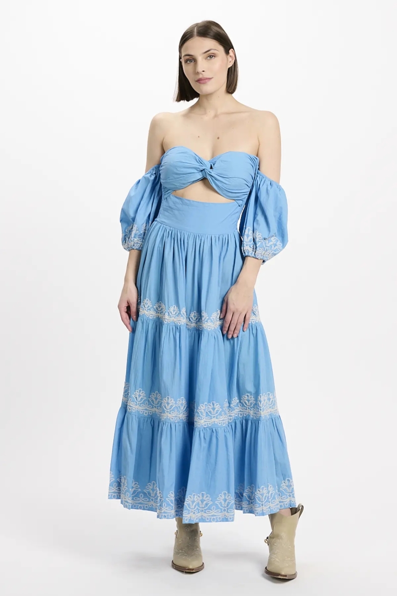 Dress Oxane Long Short-sleeved Dress, 100% cotton with embroidery -  Miss June Paris - 4