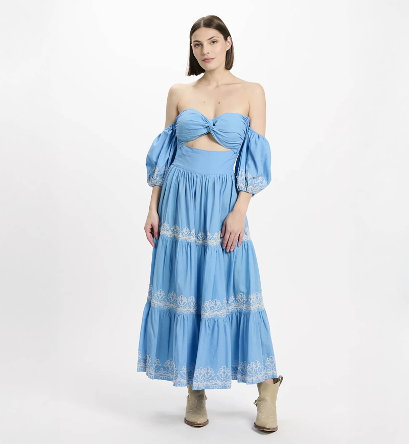 Dress Oxane Long Short-sleeved Dress, 100% cotton with embroidery -  Miss June Paris - 4