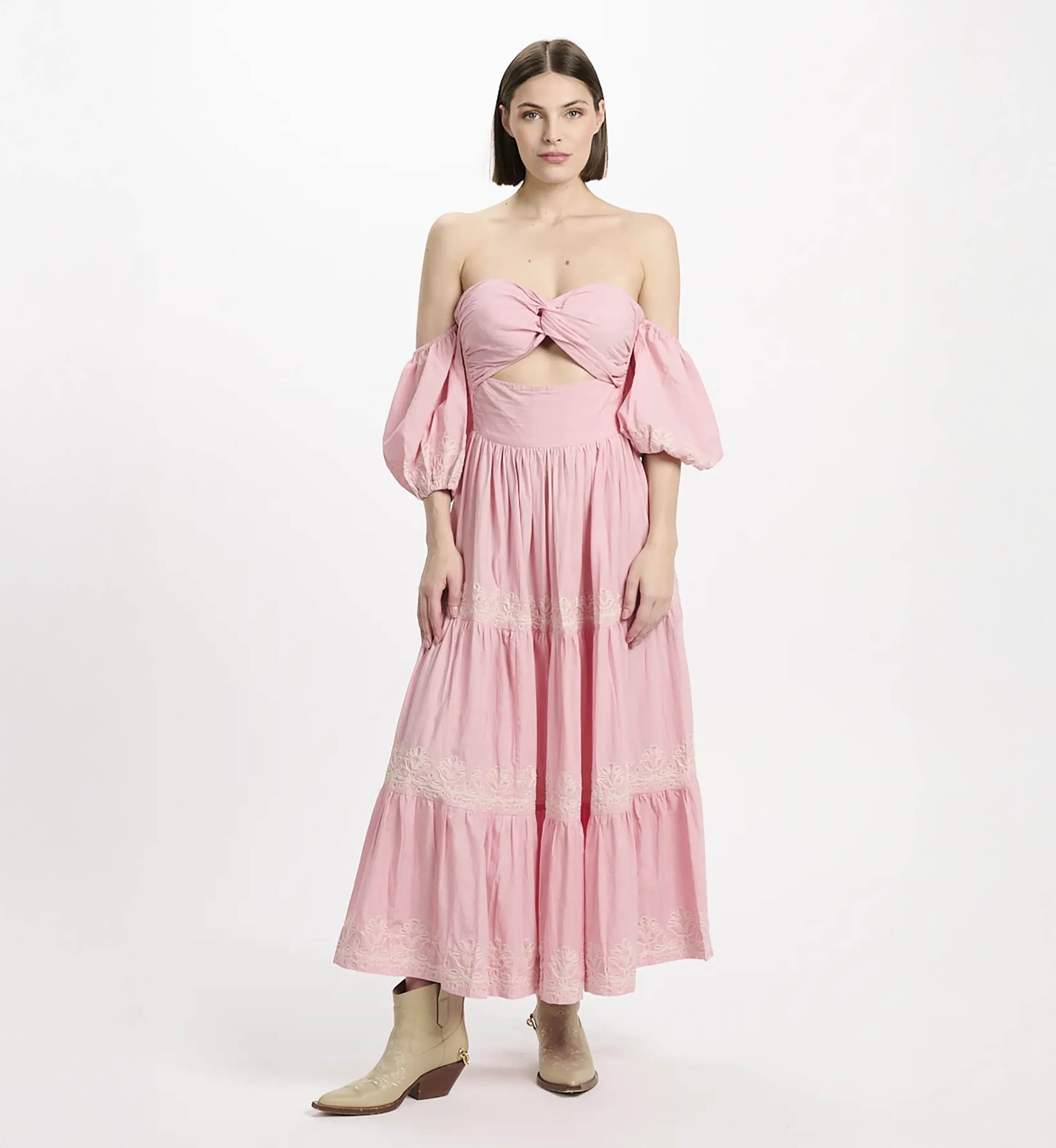 Dress Oxane Long Short-sleeved Dress, 100% cotton with embroidery -  Miss June Paris - 8