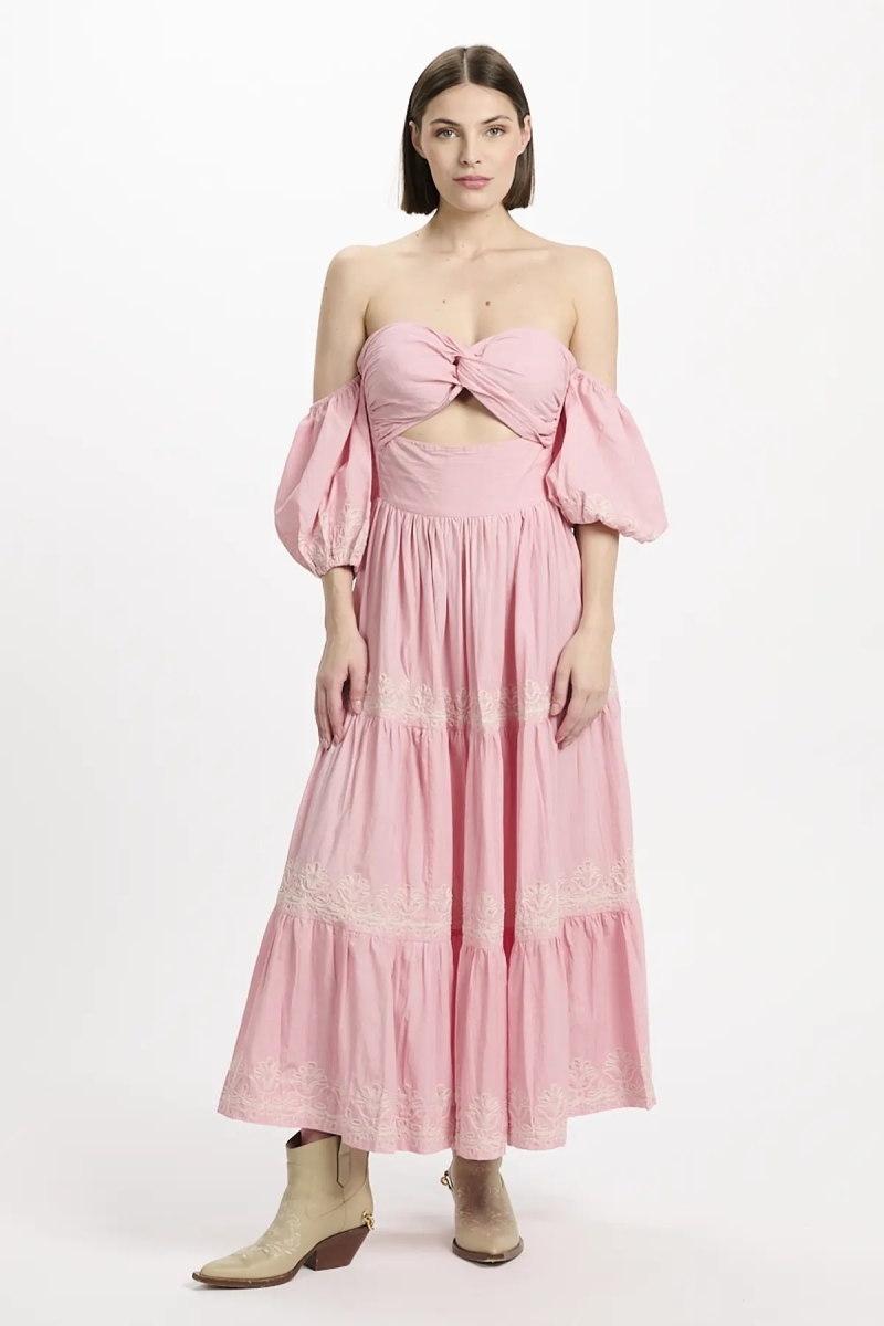Vestido Oxane – Vestido largo de manga corta, 100 % algodón con bordados – Miss June Paris - 8