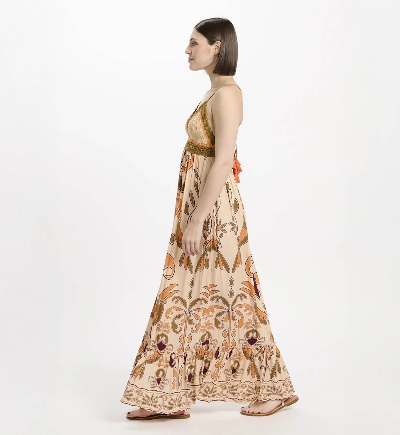 Dress Quennie Thin Straps Long, 100% modal printed with cotton crochet - Miss June Paris - 5