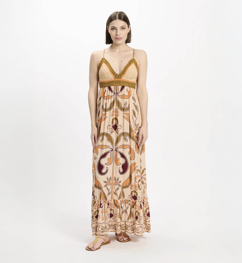 Dress Quennie Thin Straps Long, 100% modal printed with cotton crochet - Miss June Paris - 2