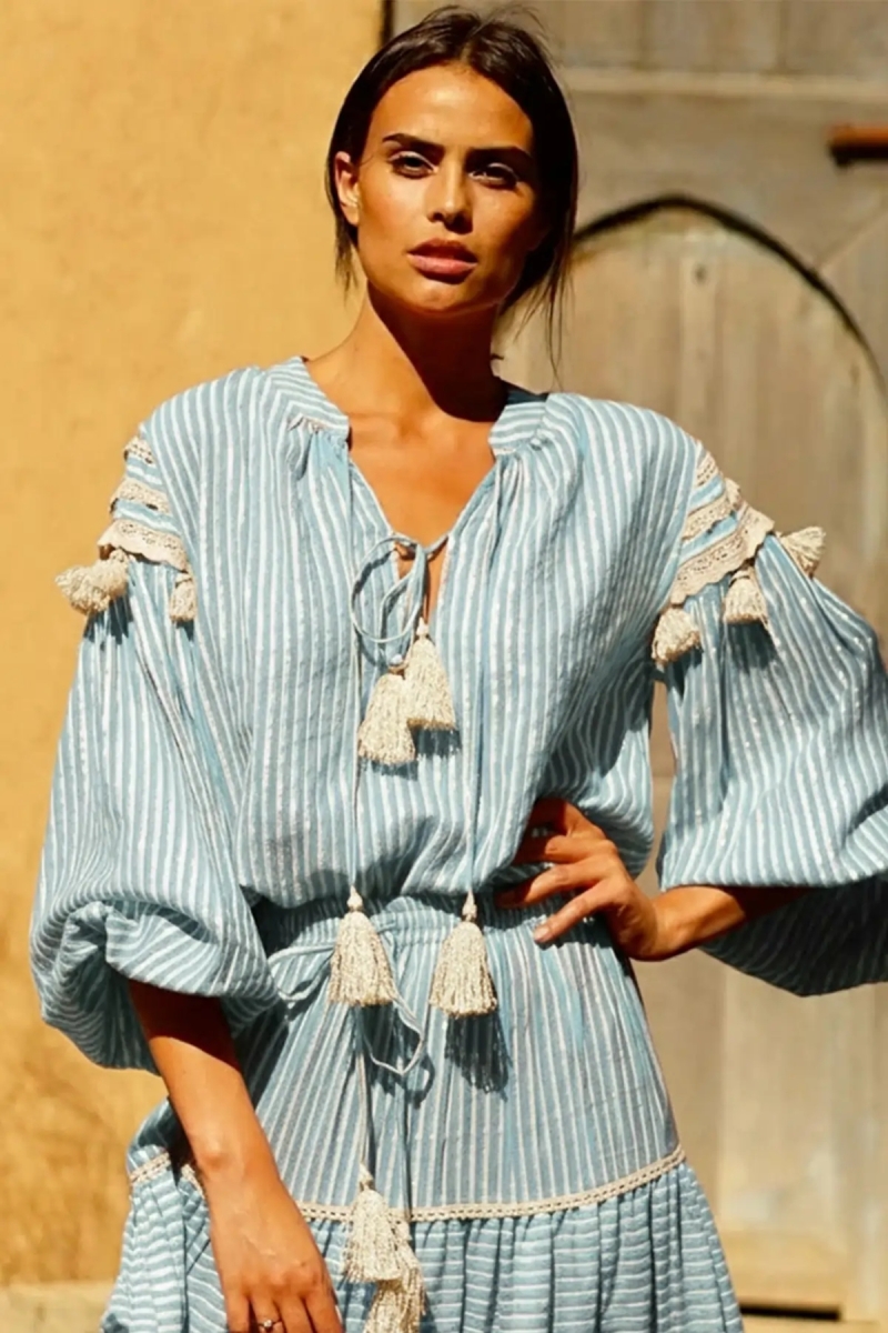 blouse LYLLA - bleue ou rouge - Coton/Lurex - manche longue - bohème - Miss June Paris