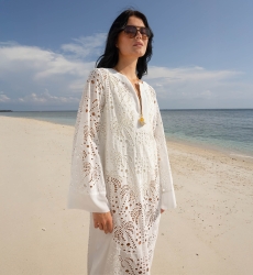 Long dress Amara - white - 100% polyester crepe - palm tree patterns - Miss June Paris - 2