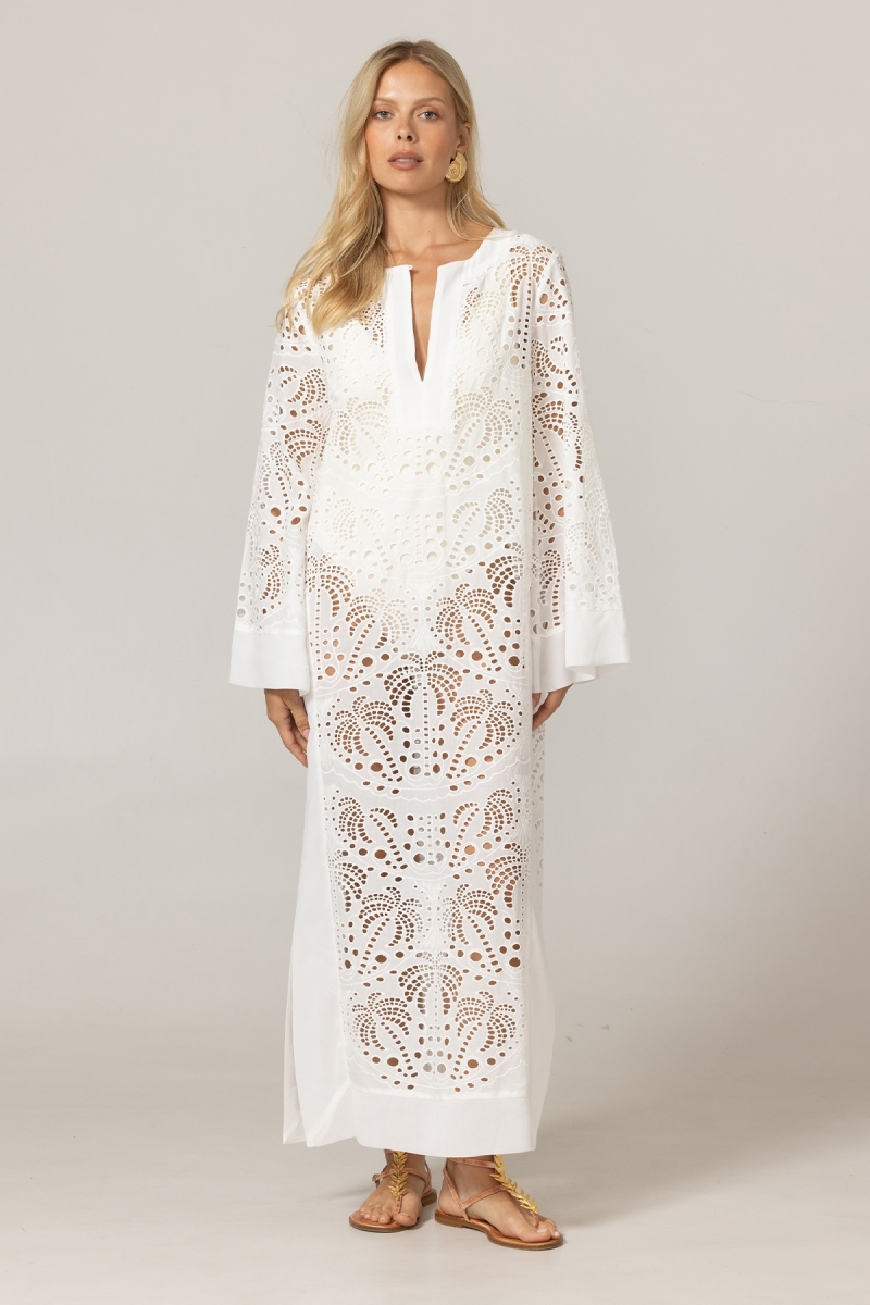 Vestido largo Amara - blanco - 100% crepé de poliéster - estampado de palmeras - Miss June Paris - 3