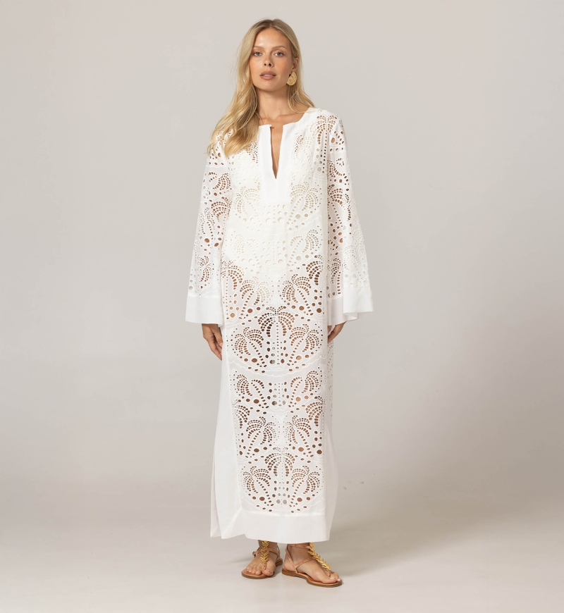 Long dress Amara - white - 100% polyester crepe - palm tree patterns - Miss June Paris - 3
