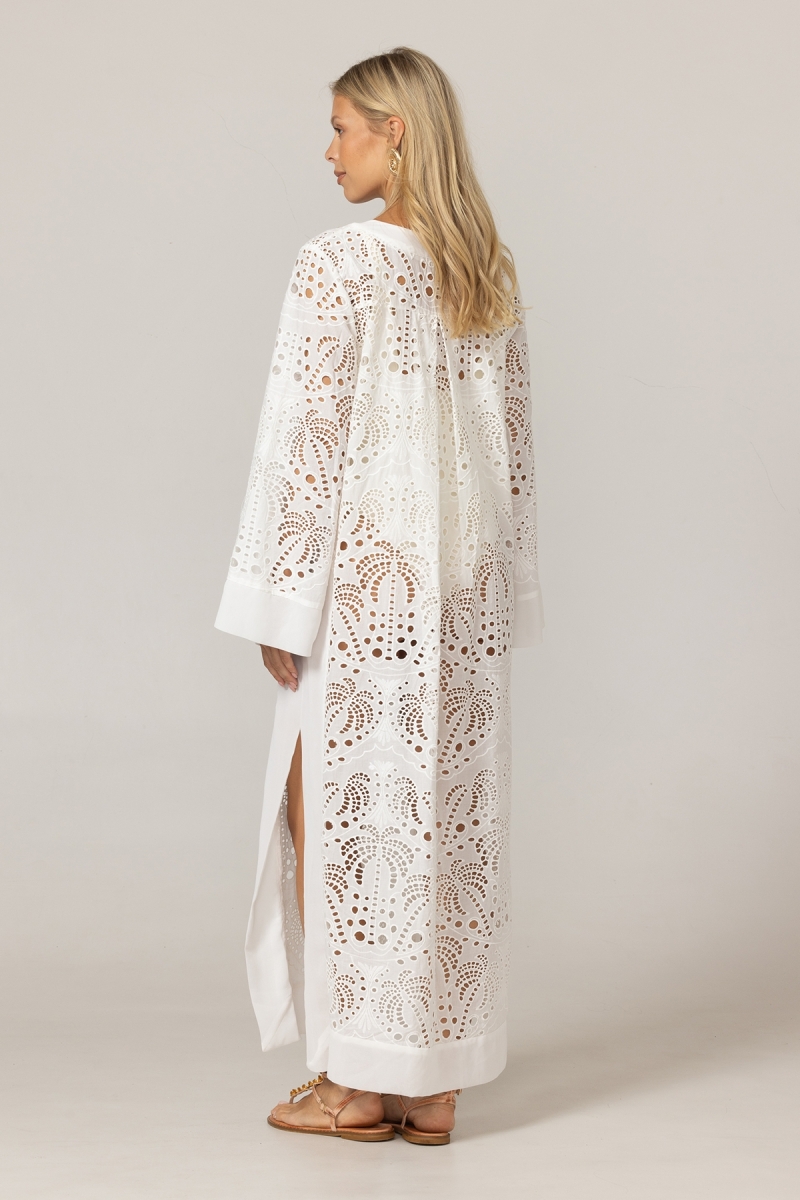 Robe longue Amara - blanche - 100% crêpe polyester - motifs palmier - Miss June Paris - 4