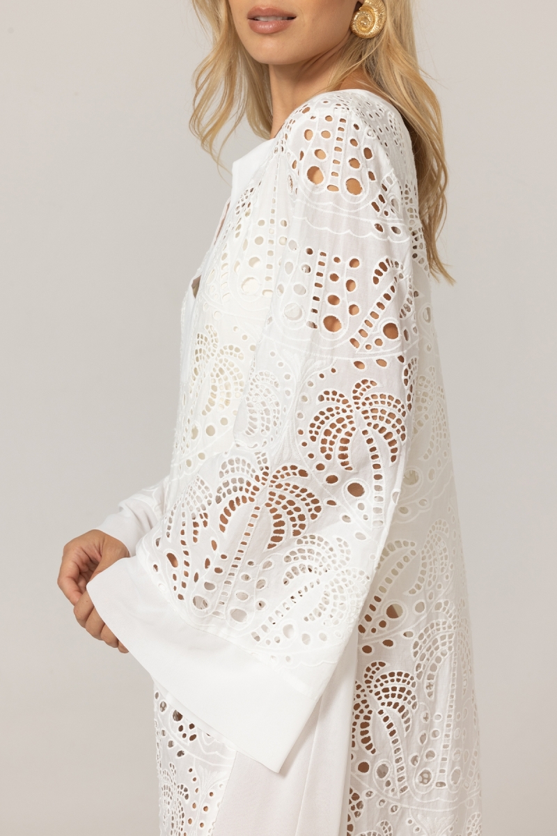 Robe longue Amara - blanche - 100% crêpe polyester - motifs palmier - Miss June Paris - 5
