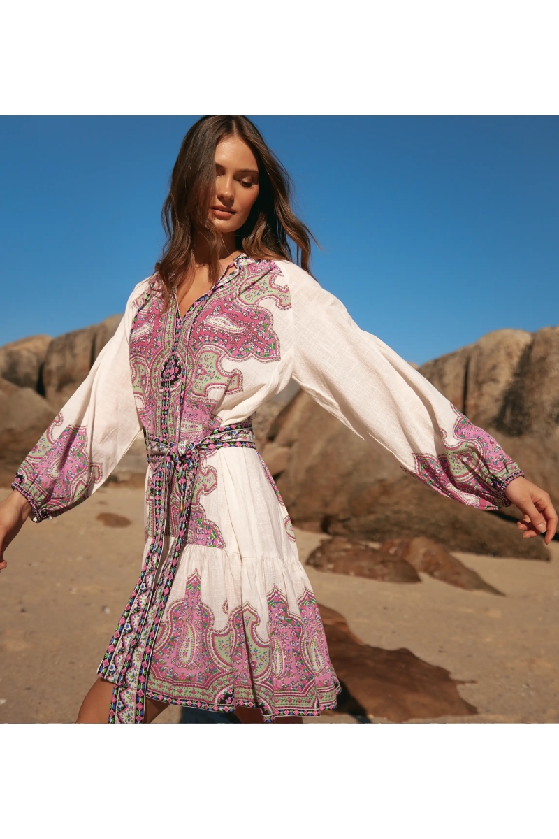 Vestido Isabella Vestido corto con mangas largas + cinturón a juego, 100% algodón estampado slub - Miss June Paris - 2