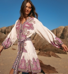 Vestido Isabella Vestido corto con mangas largas + cinturón a juego, 100% algodón estampado slub - Miss June Paris - 2