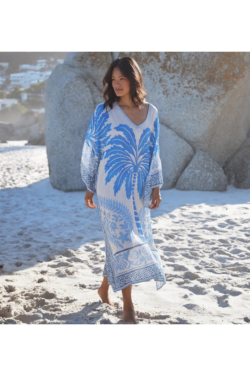 Caftan Rhoda – Caftan long à manches longues, en modal imprimé avec broderies, 100 % modal – Miss June Paris