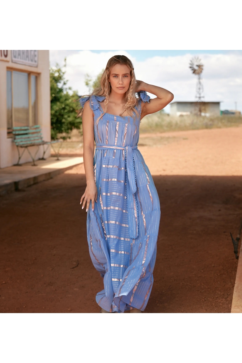 Miss June Paris — Vestido Largo Aly en Algodón Lurex Rayado Azul