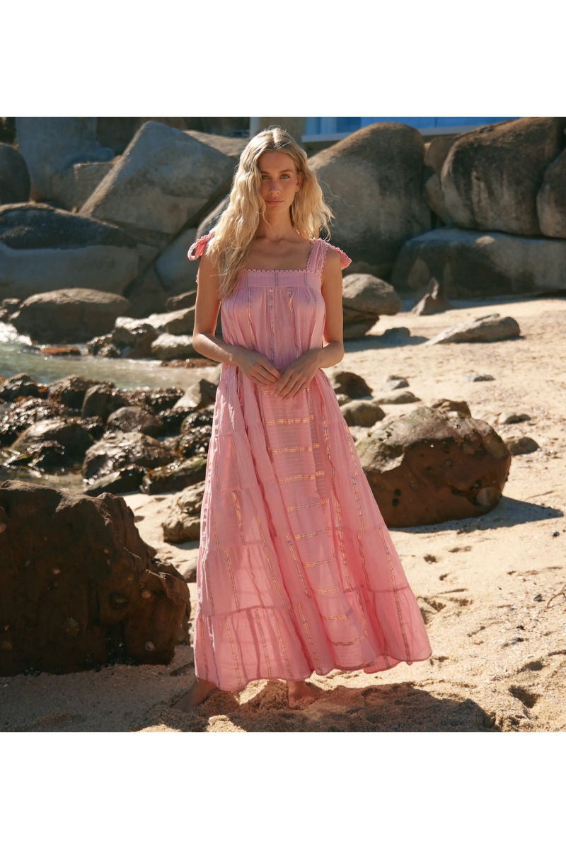 Miss June Paris — Long Aly Dress in Striped Cotton Lurex Blue