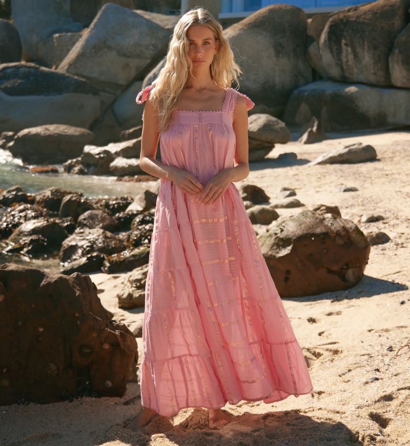 Robe Aly – Robe longue à bretelles avec ceinture assortie, 100% coton avec lurex – Miss June Paris