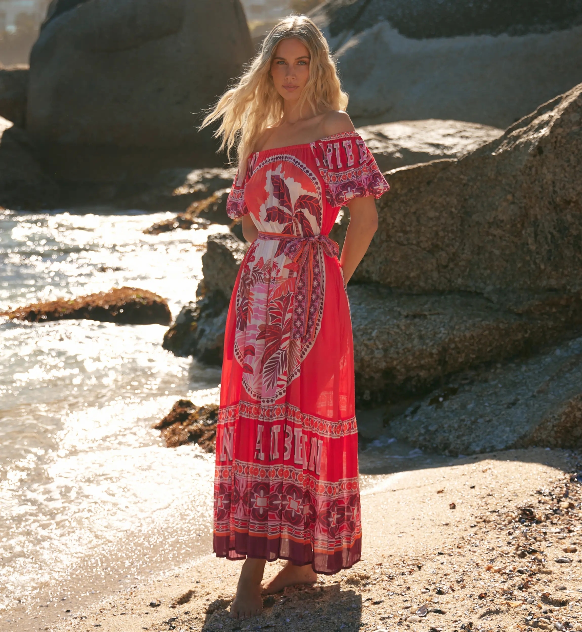 Miss June Paris — Long Peony Dress in Red Modal Bardot