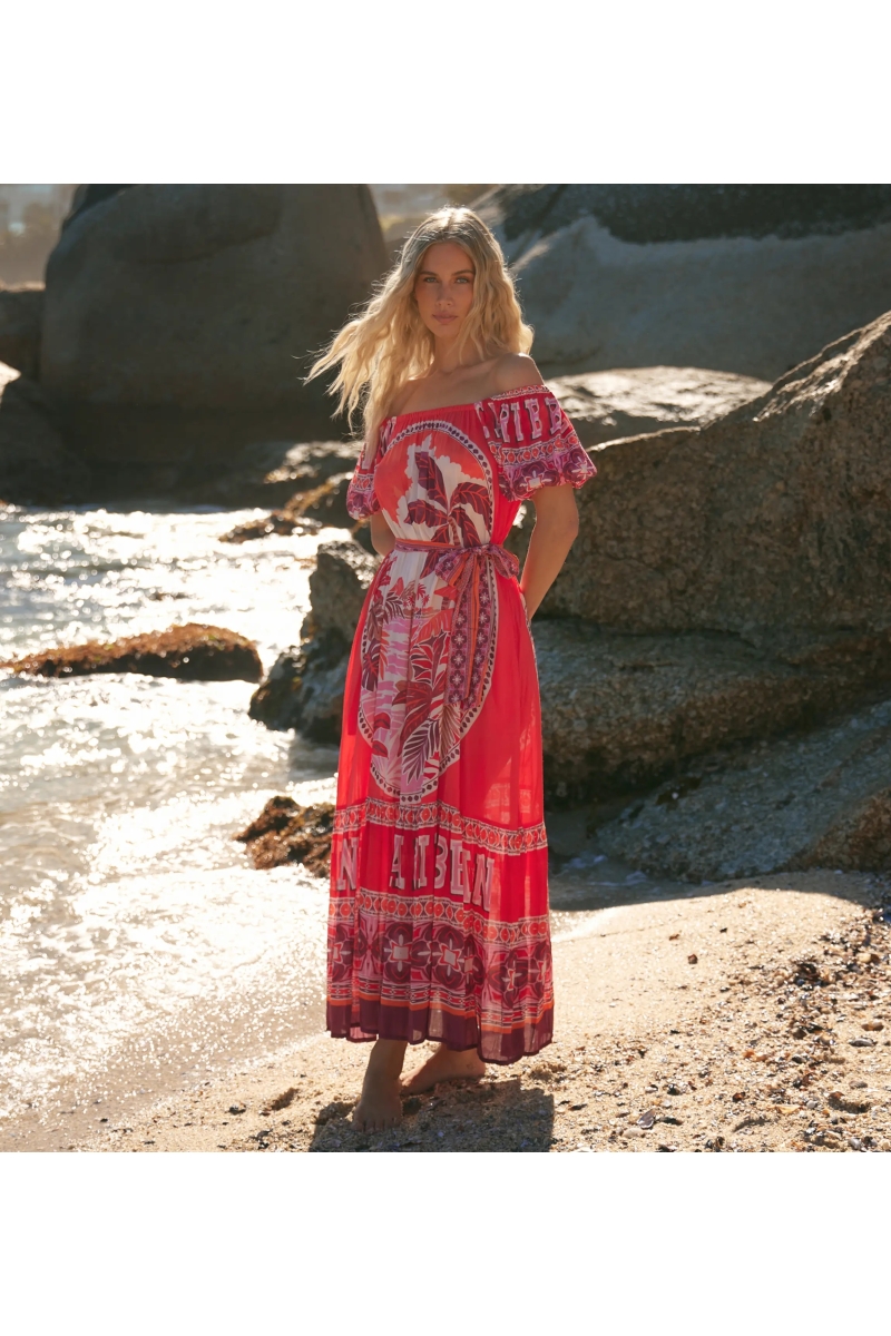 Miss June Paris — Long Peony Dress in Red Modal Bardot