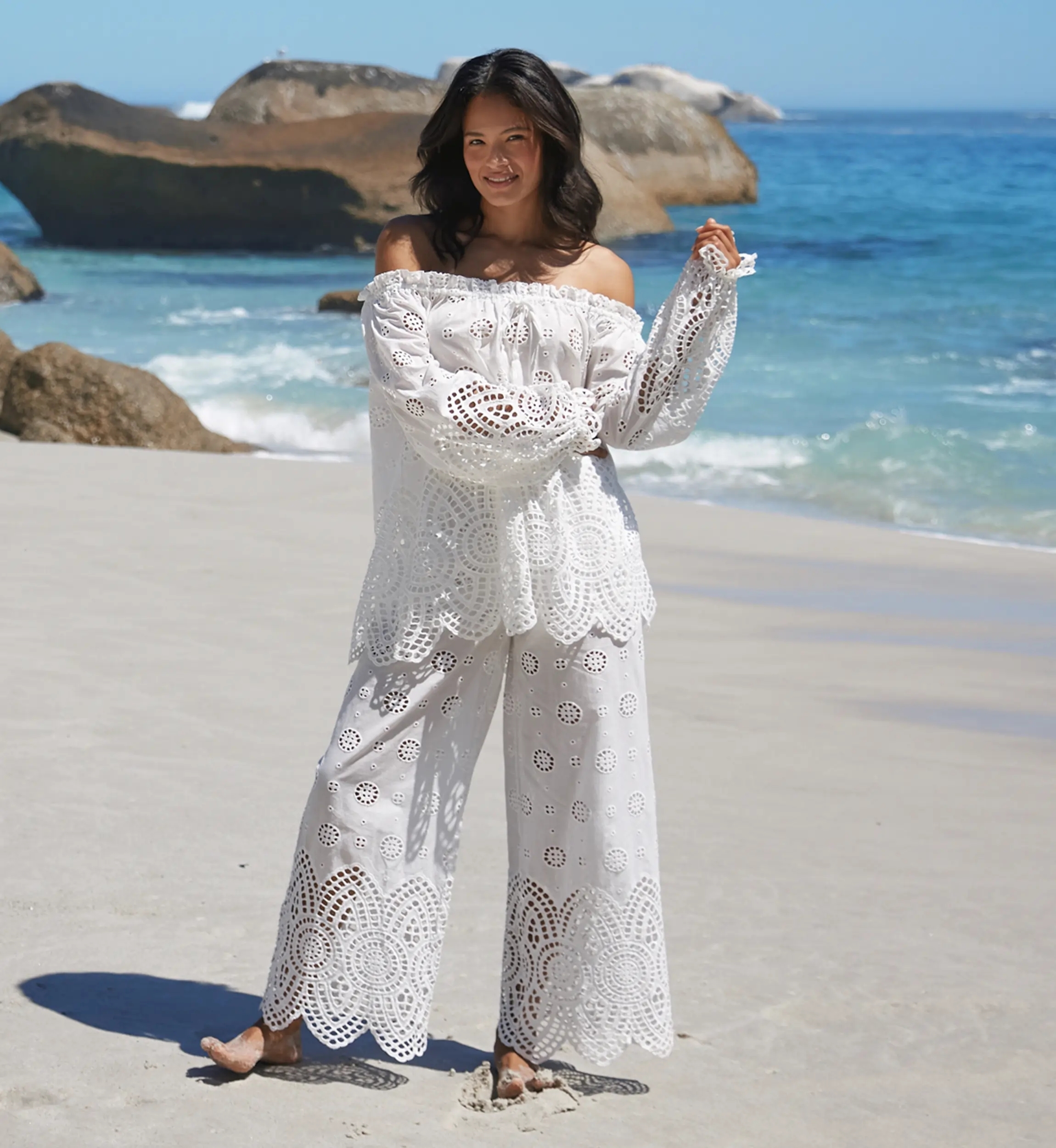 Miss June Paris — Opaline Bardot Eyelet Embroidered Cotton Top