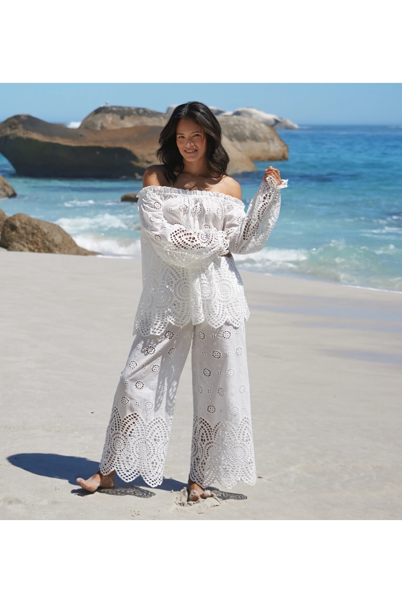 Miss June Paris — Opaline Bardot Eyelet Embroidered Cotton Top