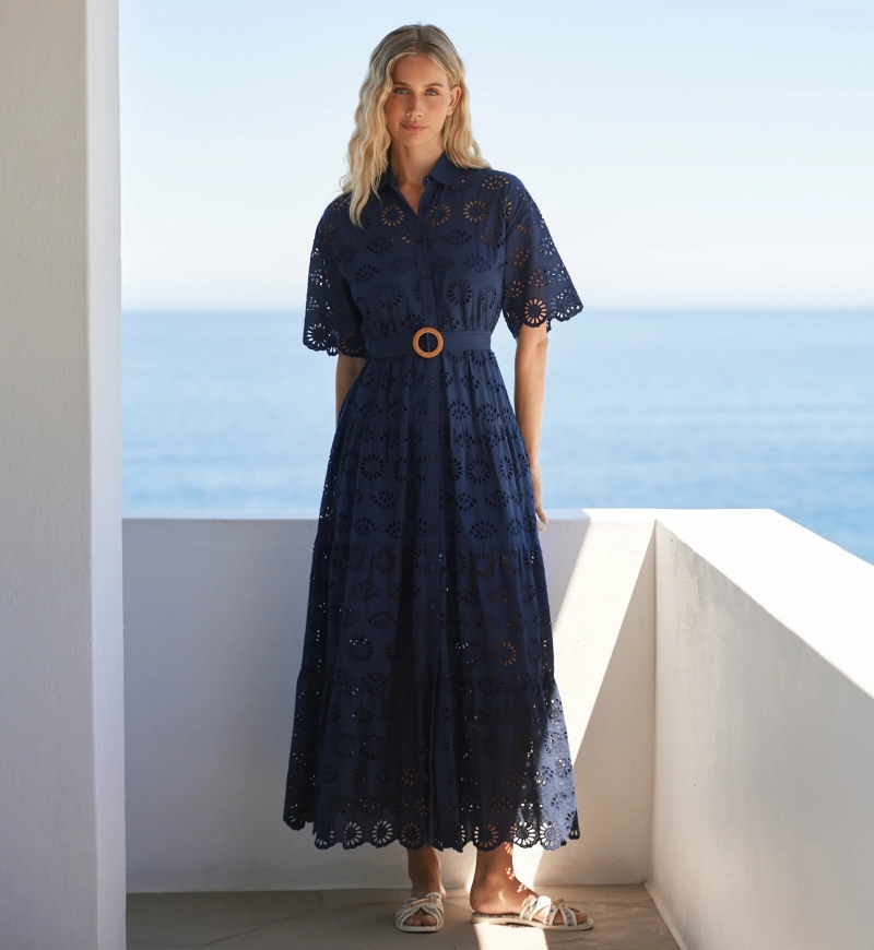 Robe Apoline – Robe longue à manches courtes avec ceinture, en coton avec lacets, 100 % coton – Miss June Paris-1