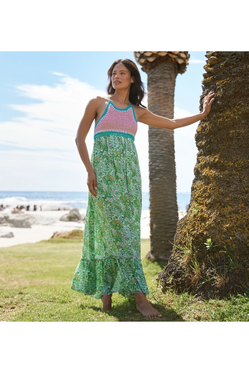 Robe Longue Sorbet - verte - haut rose en crochet - bretelles fines - imprimé fleuri - boho - Miss June Paris - 1