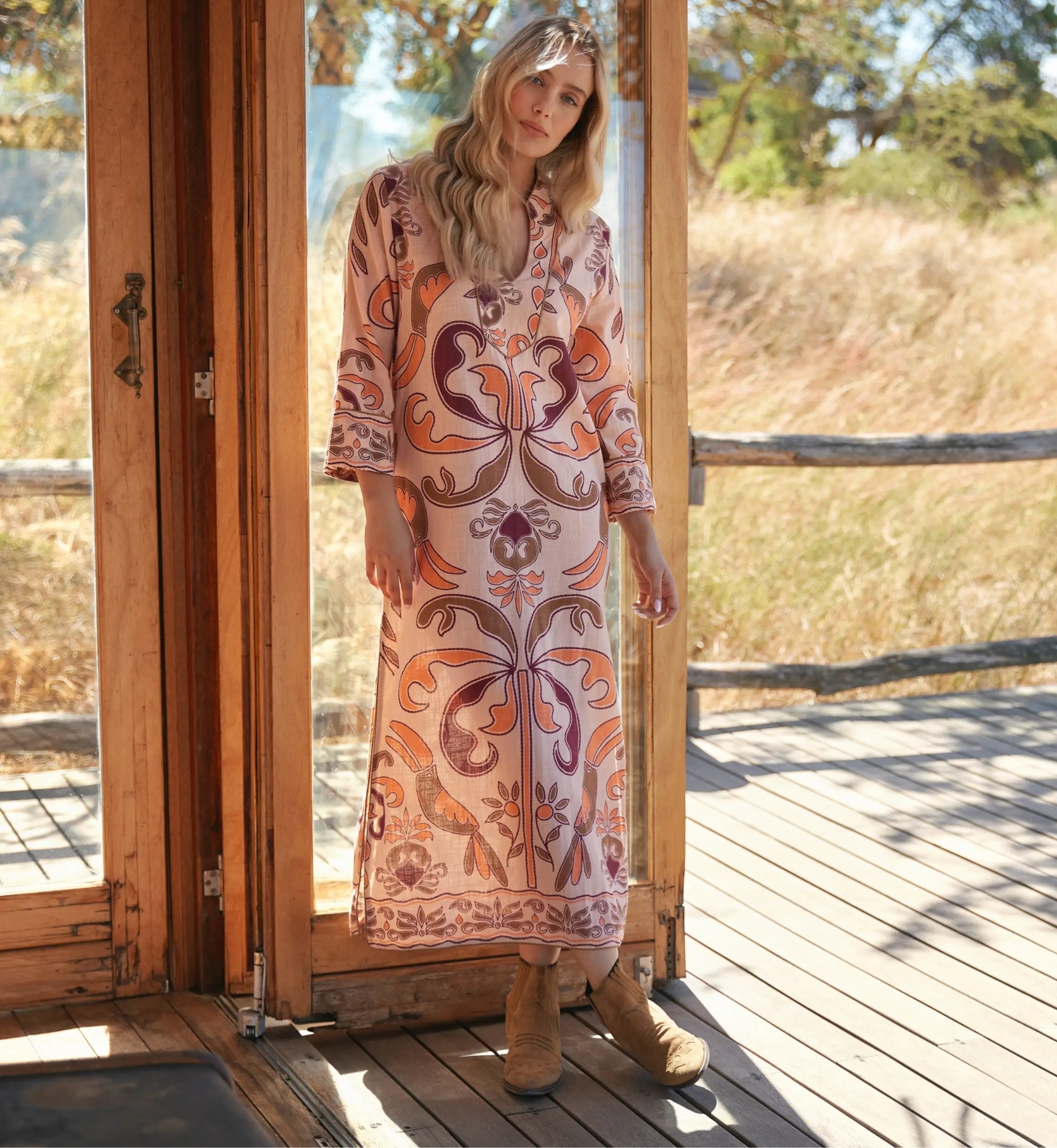 Robe Cruise – Robe longue à manches longues, en coton slub imprimé, 100 % coton – Miss June Paris-6