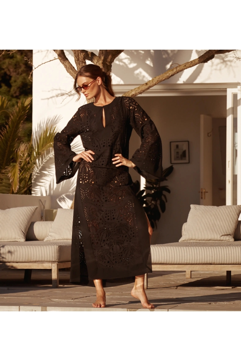 Robe Penny – Robe longue à manches longues avec ceinture, en coton avec broderies et lacets, 100 % coton – Miss June Paris-6