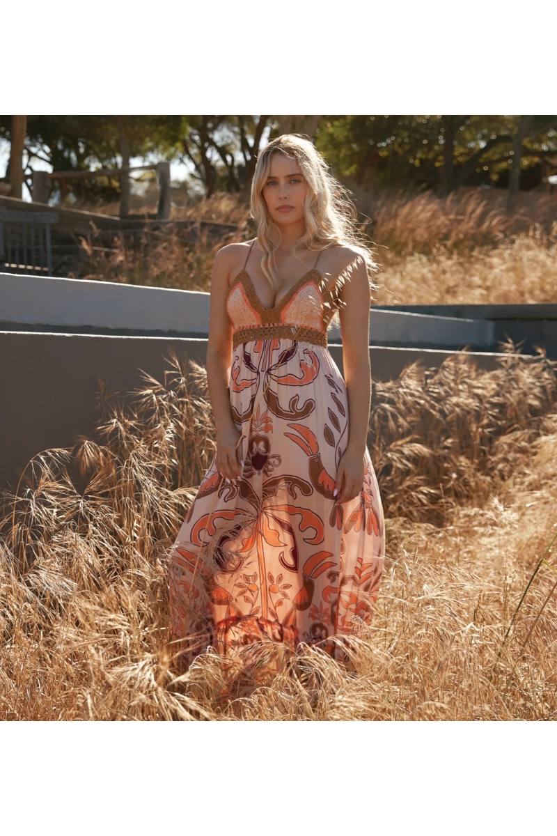 Robe Quennie – Robe longue à fines bretelles, en modal imprimé avec crochet en coton, 100 % modal – Miss June Paris-6