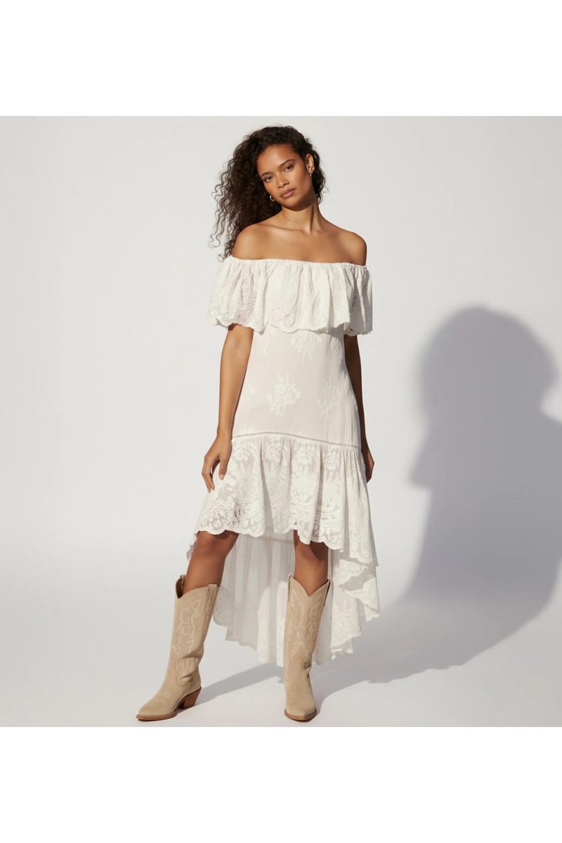 Miss June Paris — Robe Bardot Asymétrique Blanche