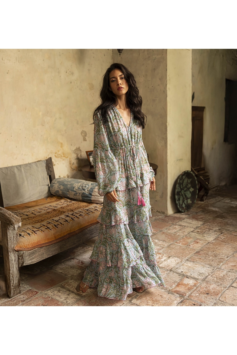 Robe longue Rosa - étoffe fluide - imprimé floral - manches longues - Miss June Paris - 1