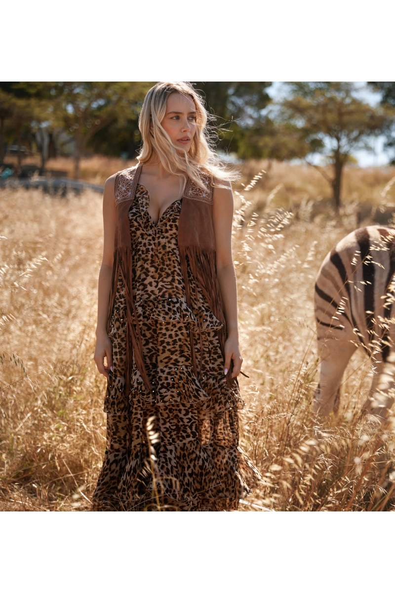 gilet sans manches FLEETWOOD - marron - gilet avec franges - daim boheme  - Miss June Paris