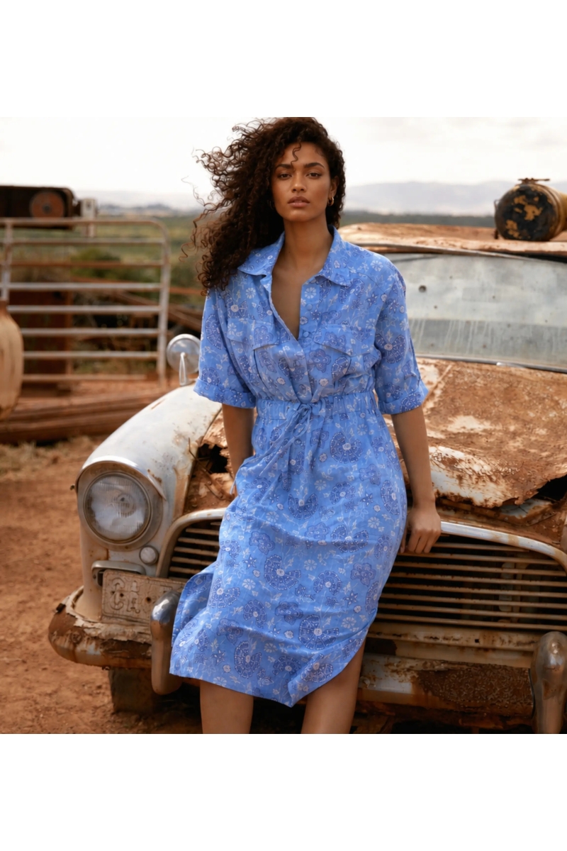 Robe Longue Marlo Bohème Chic en Coton Imprimé Mandala Bleu | Robes lo