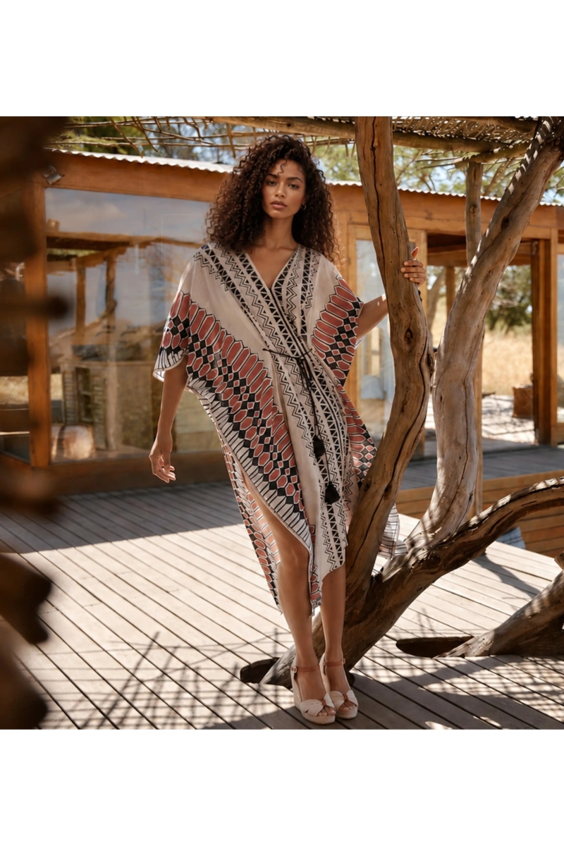 Caftan Long Abel en Coton Slub Brodé Blanc Cassé | Caftan Long — Miss 