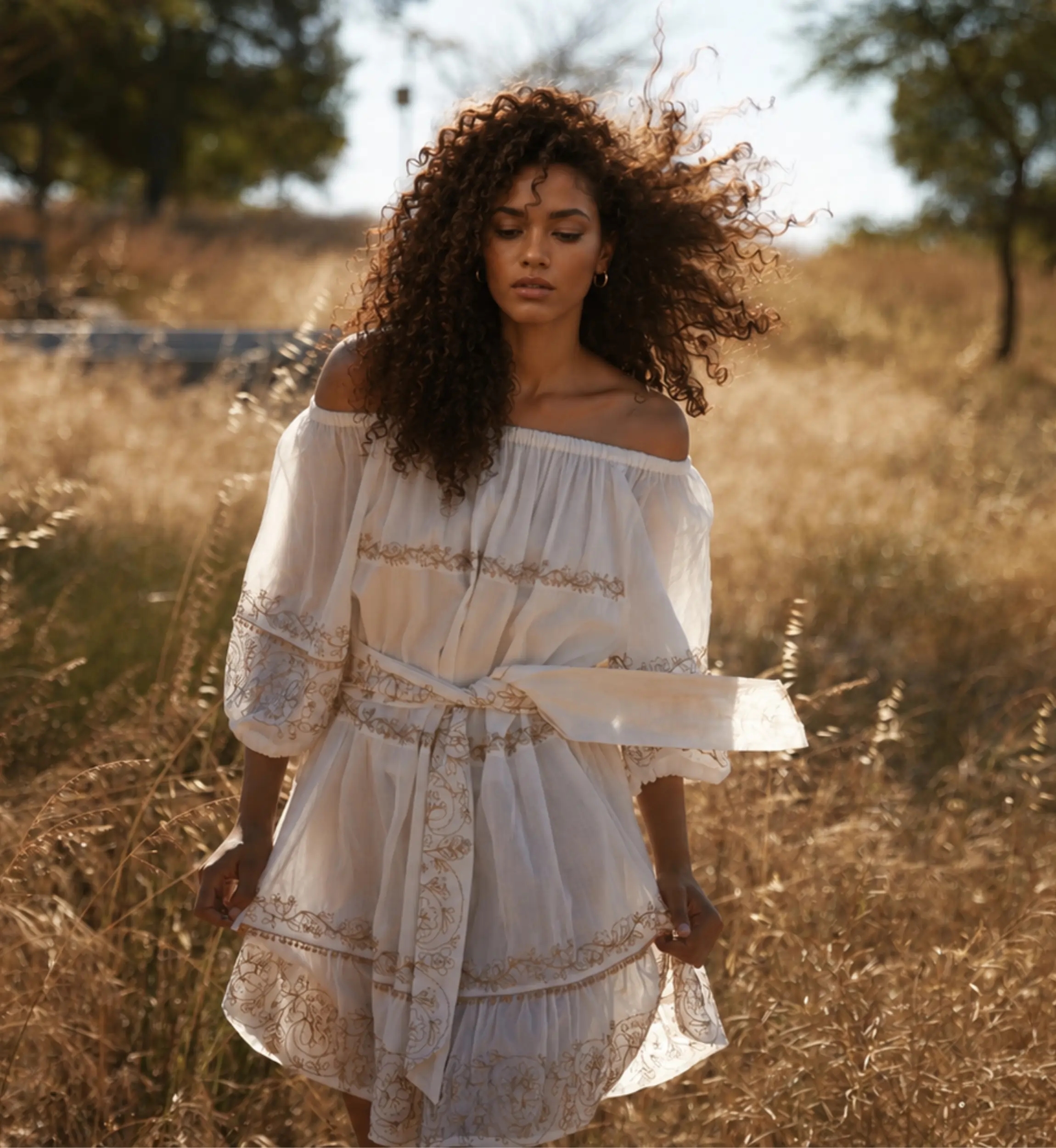 Robe Courte Layla Bardot Brodée Dorée Blanc Cassé | Robes courtes — Mi