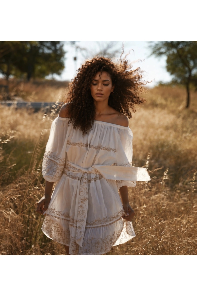 Robe Courte Layla Bardot Brodée Dorée Blanc Cassé | Robes courtes — Mi