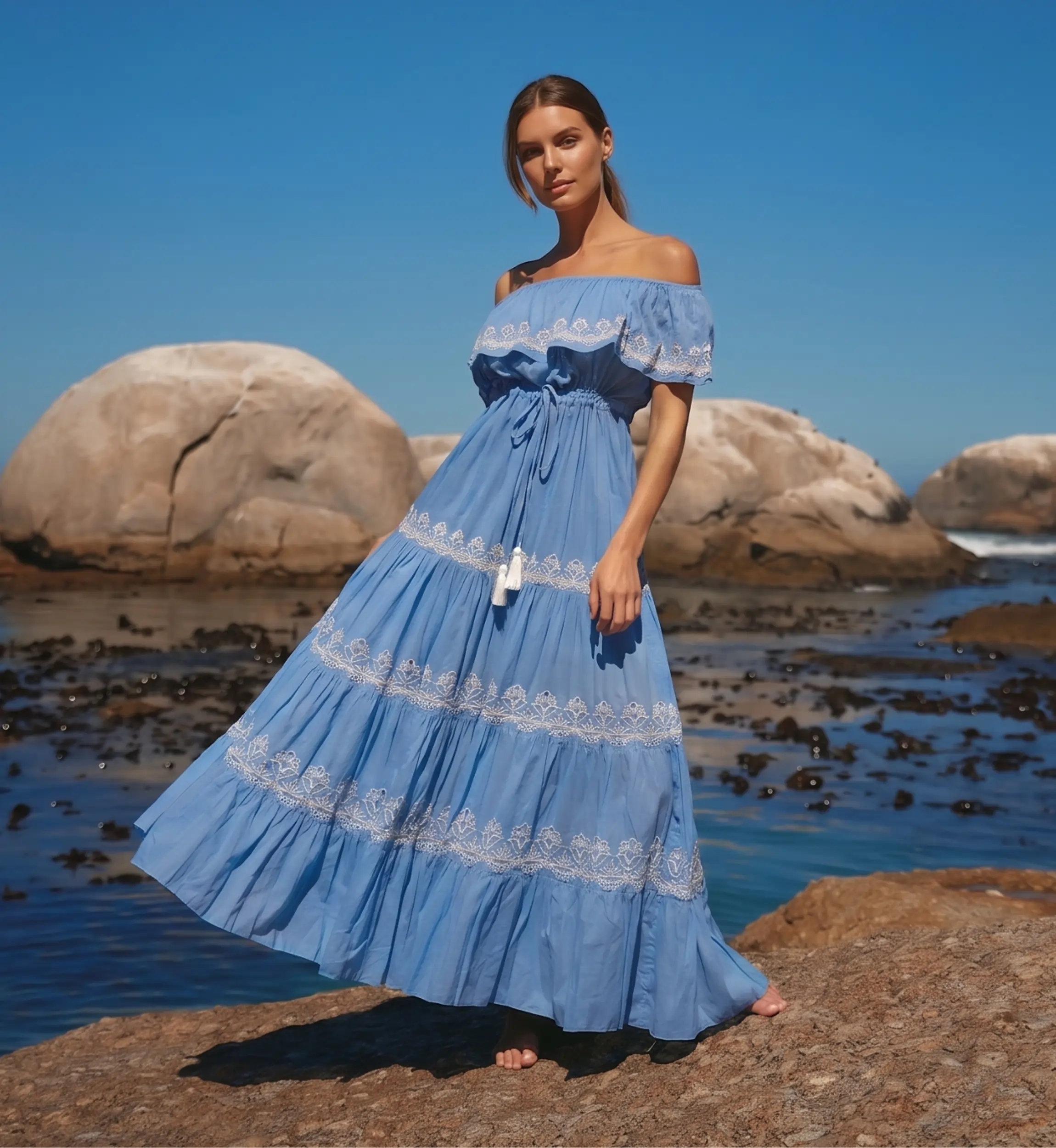 Long Dress Malone Off-Shoulder in Cotton Voile with Lace | Long Dresse