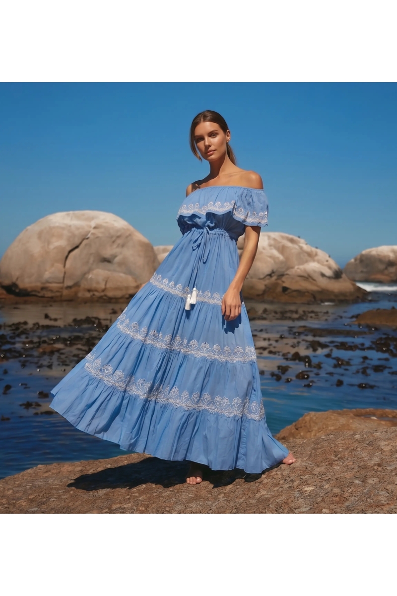 Robe Longue Malone Off-Shoulder en Voile de Coton avec Dentelle | Robe