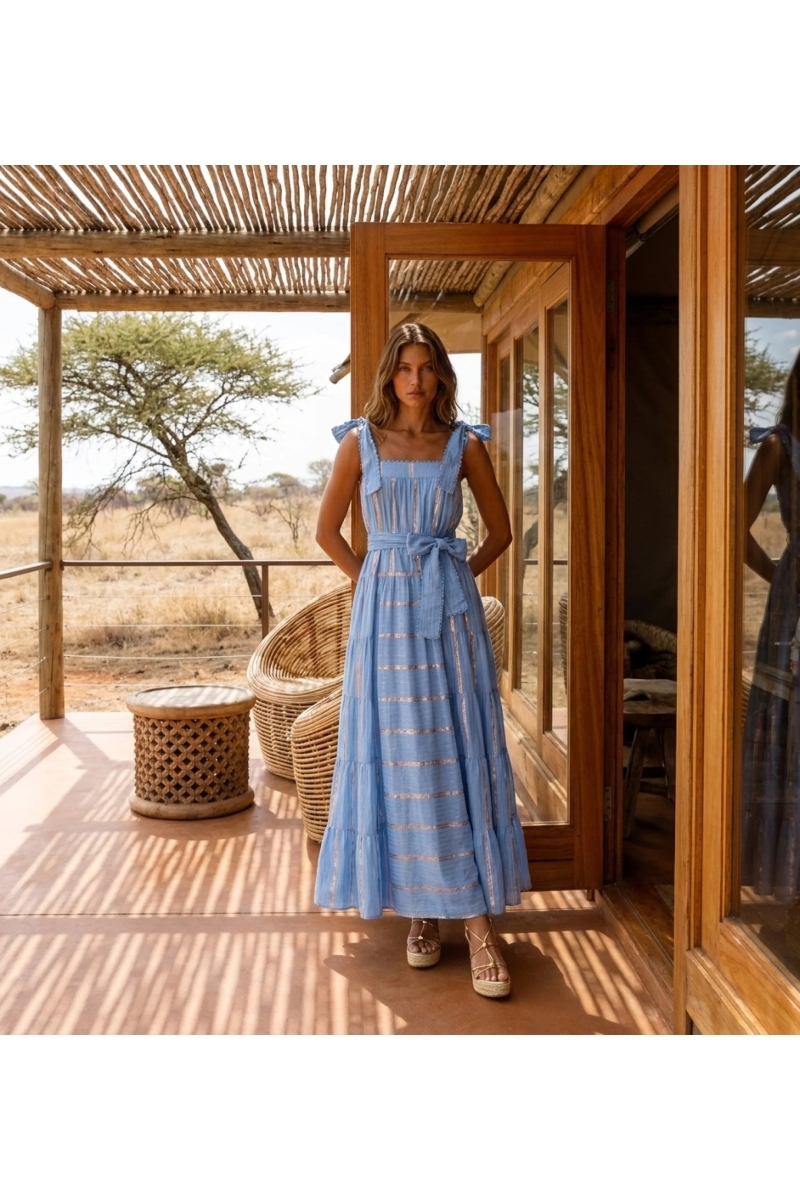 Miss June Paris, Long Aly Dress in Striped Cotton Lurex Blue