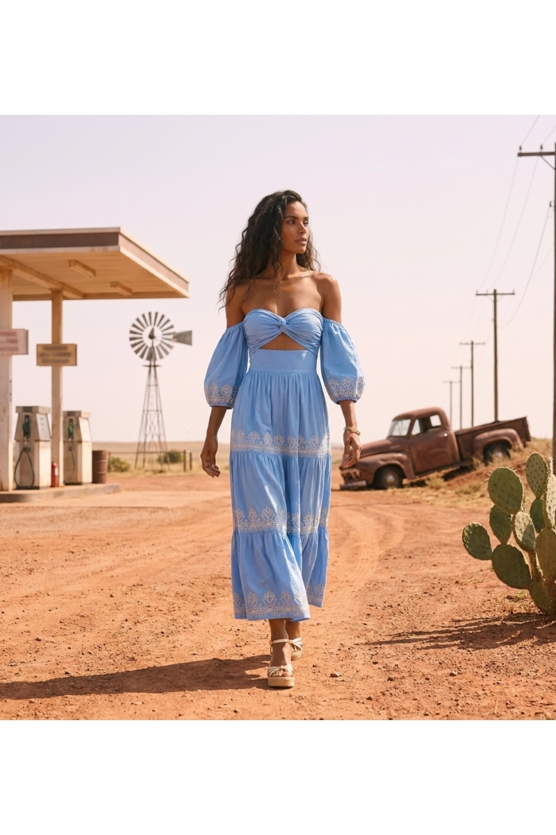 Vestido Largo Oxane Off-Shoulder en Algodón Bordado