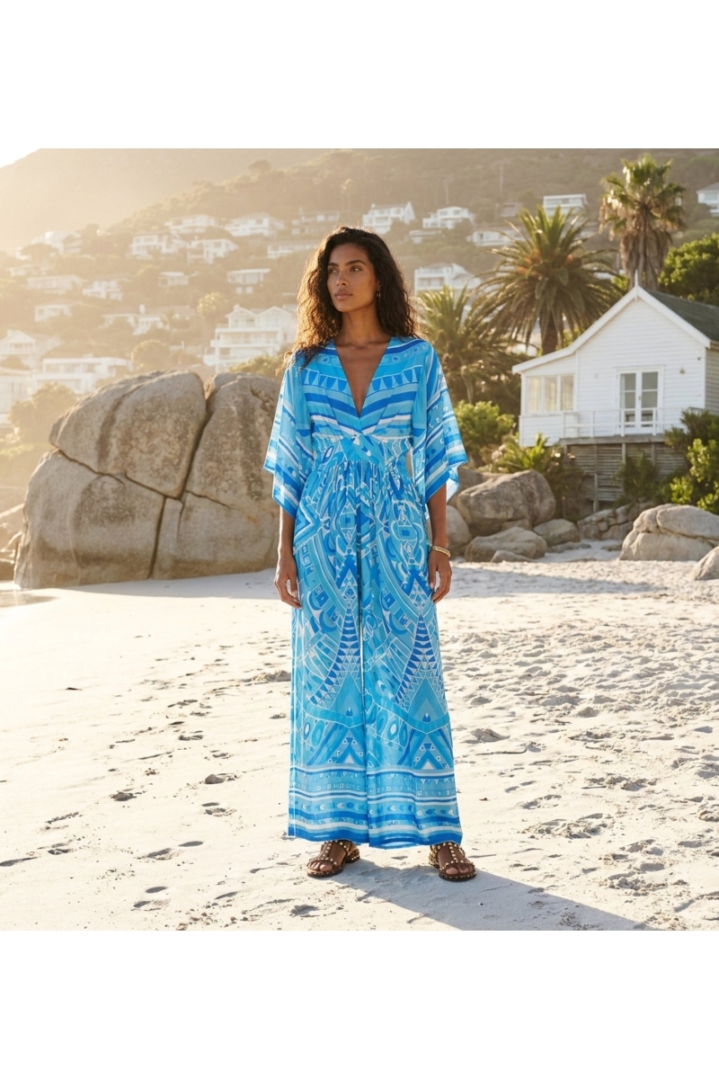 Blue women's jumpsuit, elegant full-length pantsuit with a relaxed fit, perfect for summer casual wear, full body view.