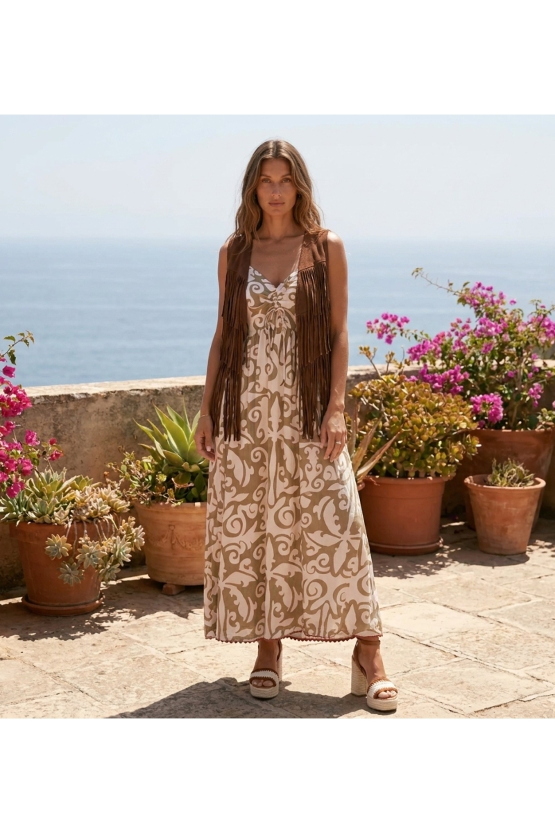 Robe Longue Becky en Viscose Motif Baroque